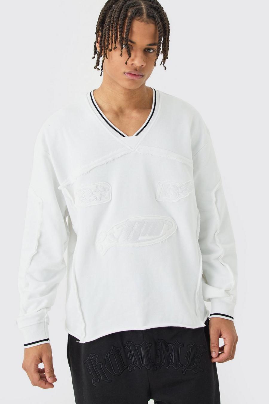 Kastiges geripptes Oversize Sweatshirt mit Stickerei, White image number 1