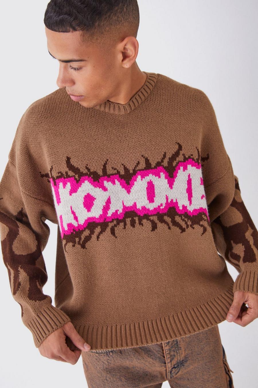 Taupe Boxy Homme Graffiti Knitted Jumper image number 1