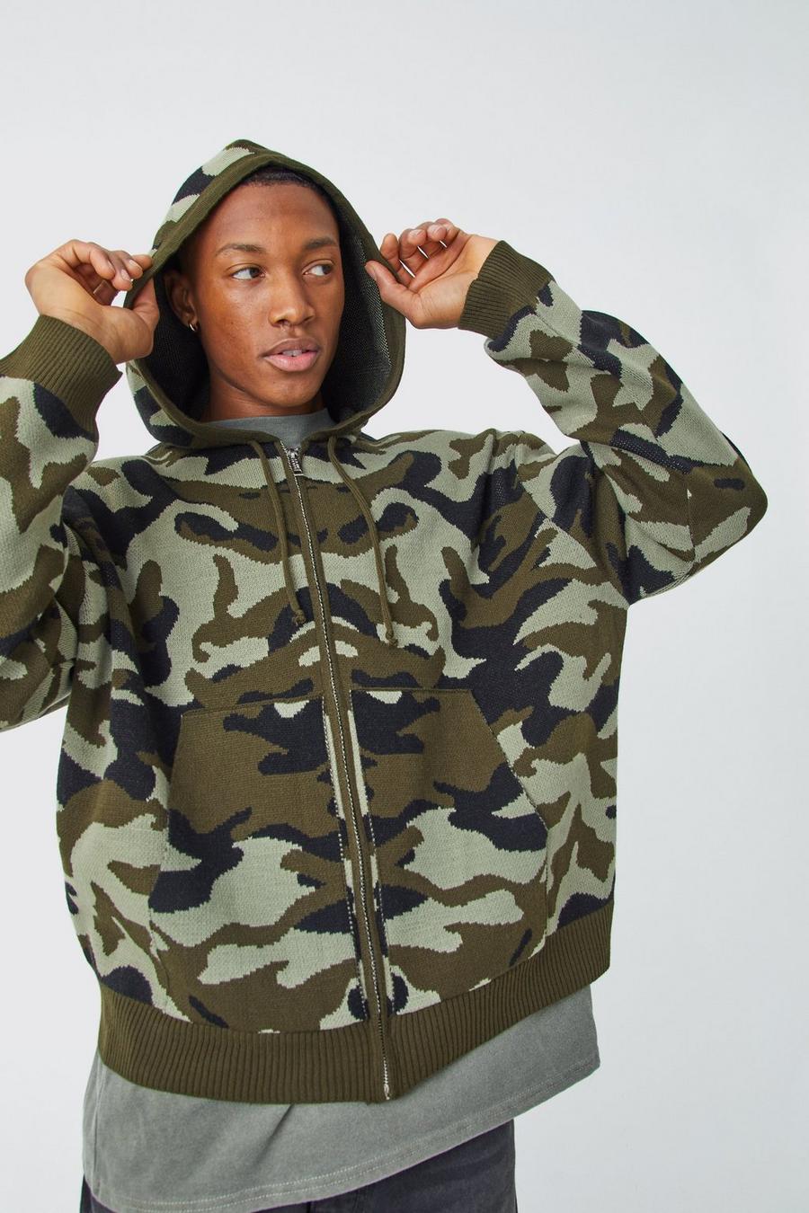 Khaki Oversized Camo Knitted Zip Through Hoodie image number 1
