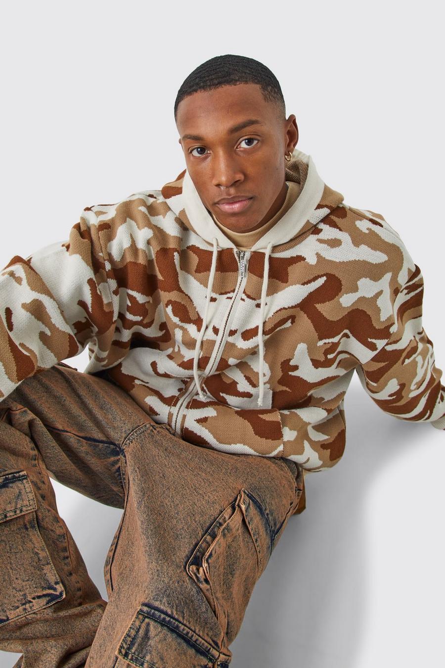 Stone Oversized Camo Knitted Zip Through Hoodie image number 1