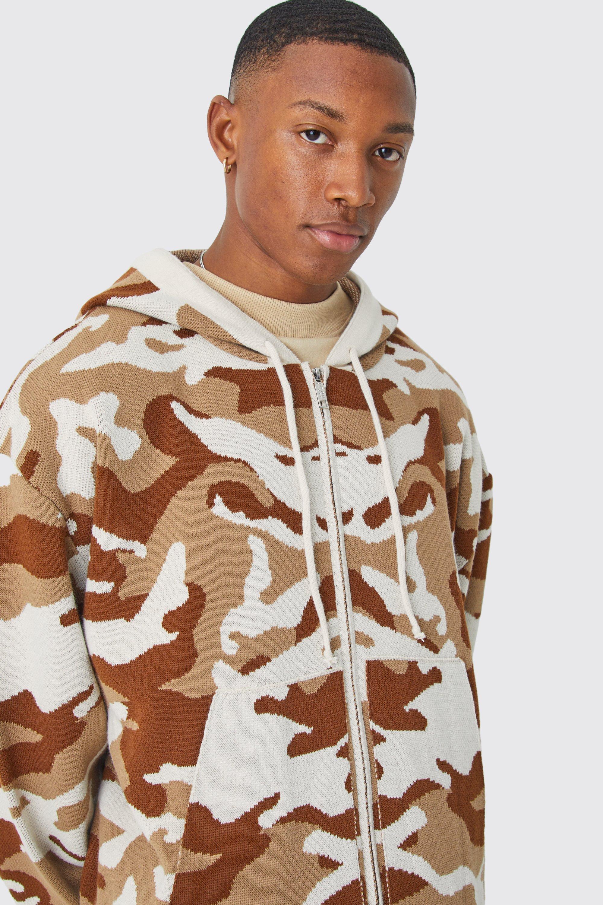 Oversized Camo Knitted Zip Through Hoodie boohoo