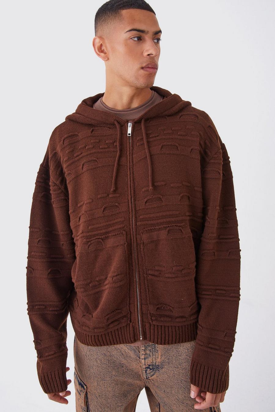 Felpa oversize in maglia con jacquard in rilievo, zip e cappuccio, Chocolate image number 1