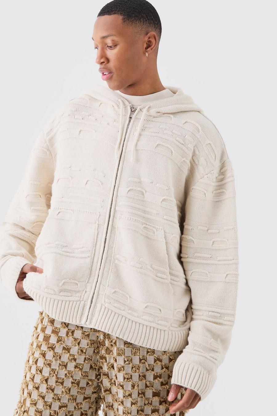 Felpa oversize in maglia con jacquard in rilievo, zip e cappuccio, Ecru image number 1