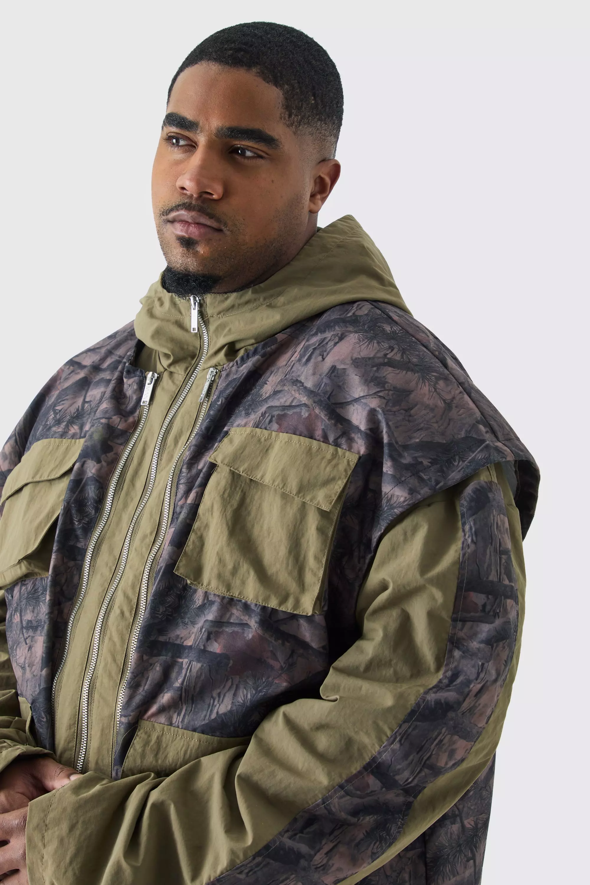 Khaki Plus Washed Ripstop Nylon Camo Utility Jacket alternative image