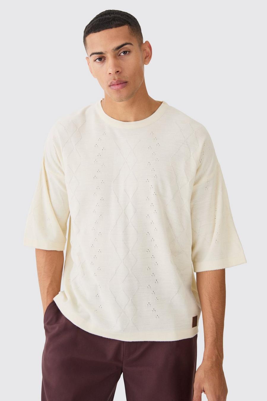 Kastiges Oversize T-Shirt mit Zopfmuster, Ecru image number 1