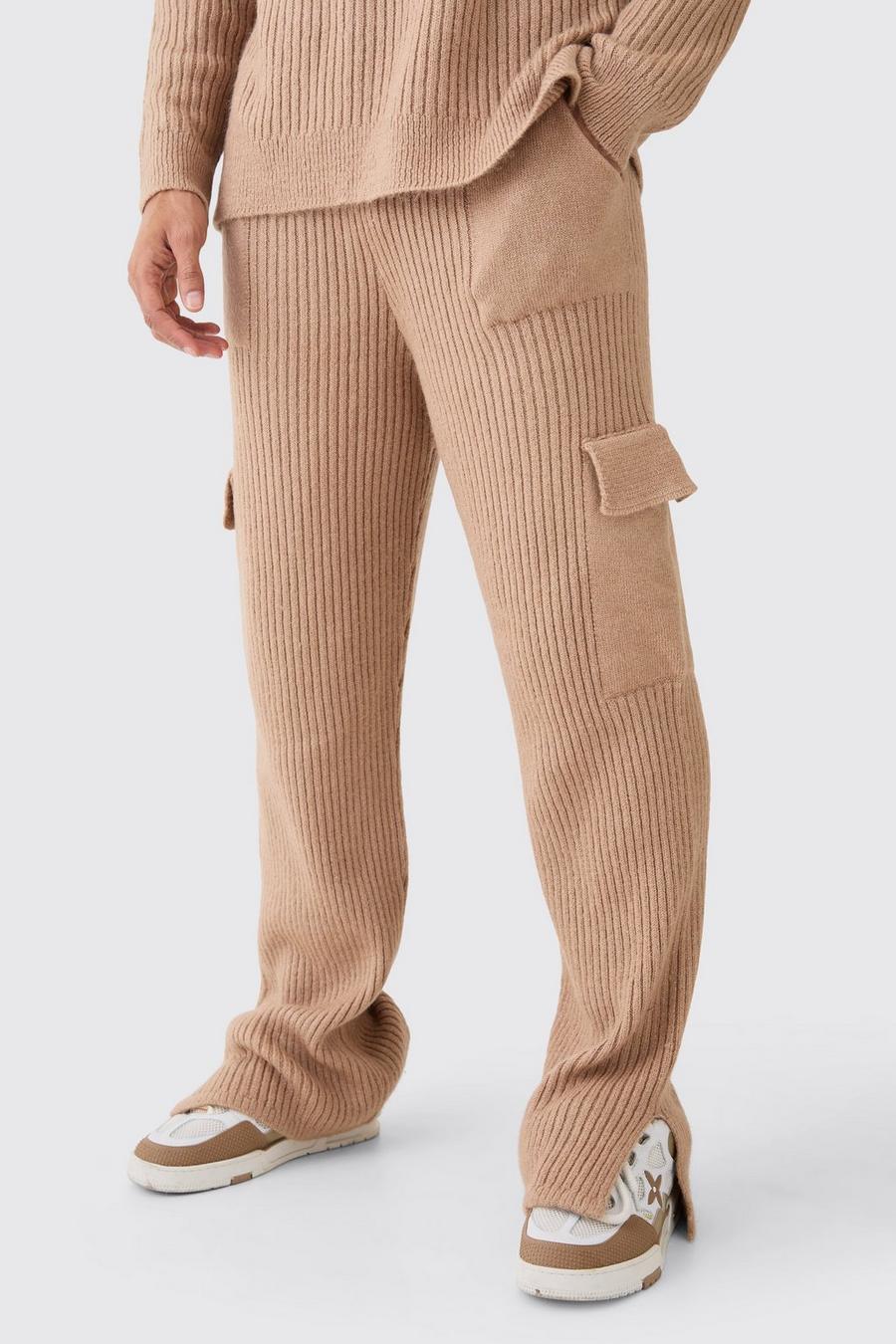 Tan Relaxed Marl Ribbed Knit Cargo Joggers  image number 1