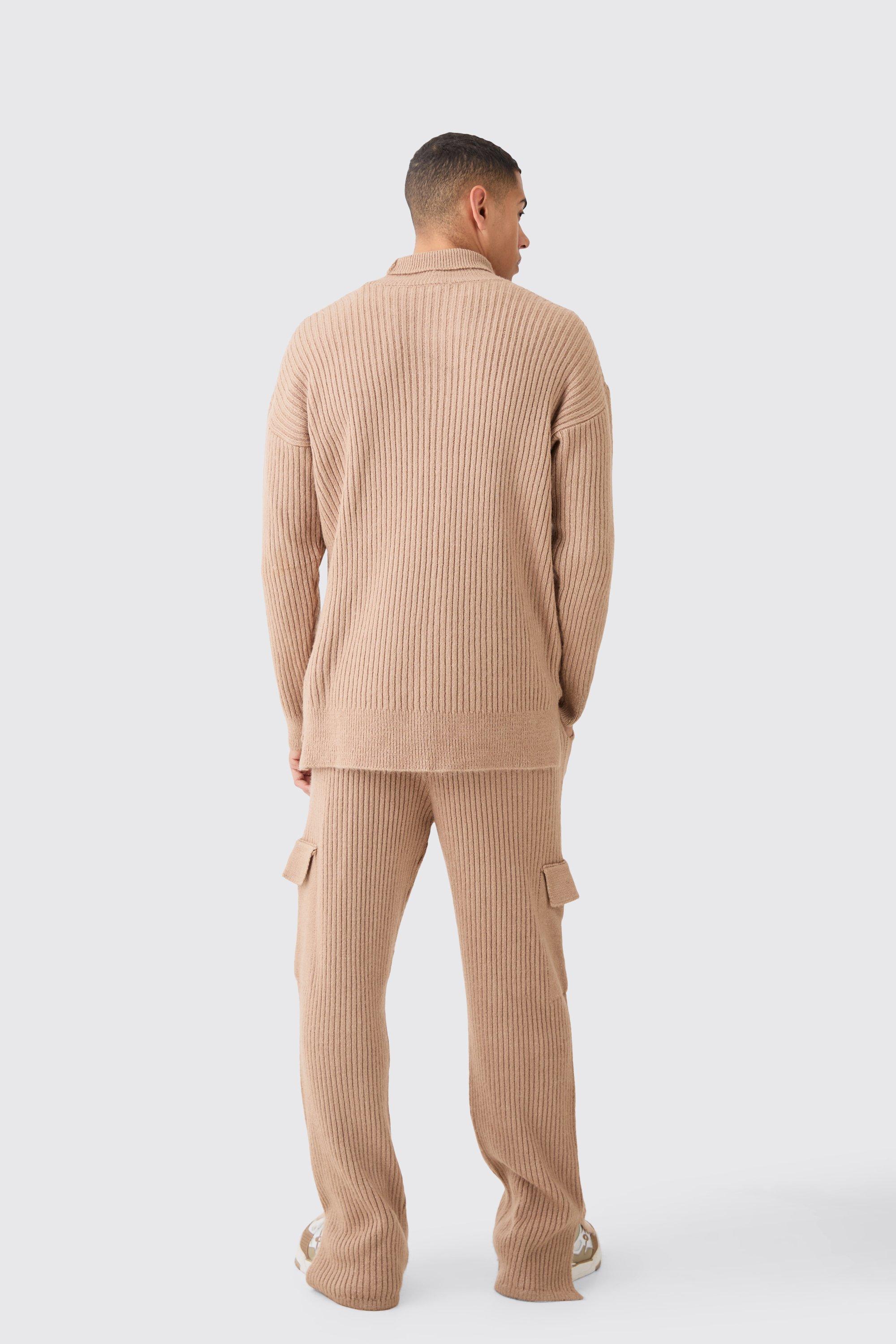 Relaxed Marl Ribbed Knit Cargo Joggers boohoo