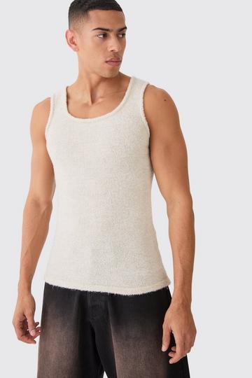 Muscle Fit Boucle Textured Knitted Tank Top ecru