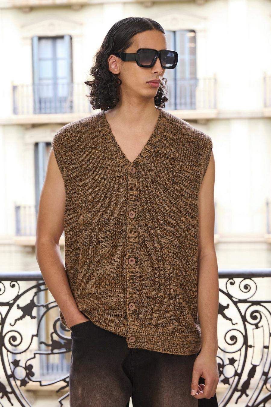 Tan Button Through Salt & Pepper Knitted Vest image number 1