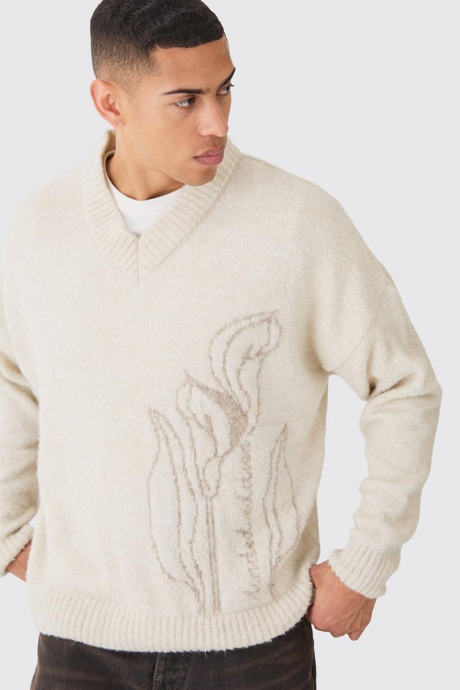 Ecru Boxy V Neck Boucle Textured Knit Sweater