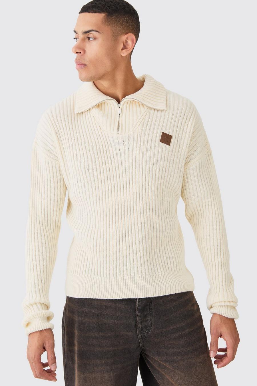Maglione in maglia a coste con collo a imbuto, zip corta, Ecru image number 1