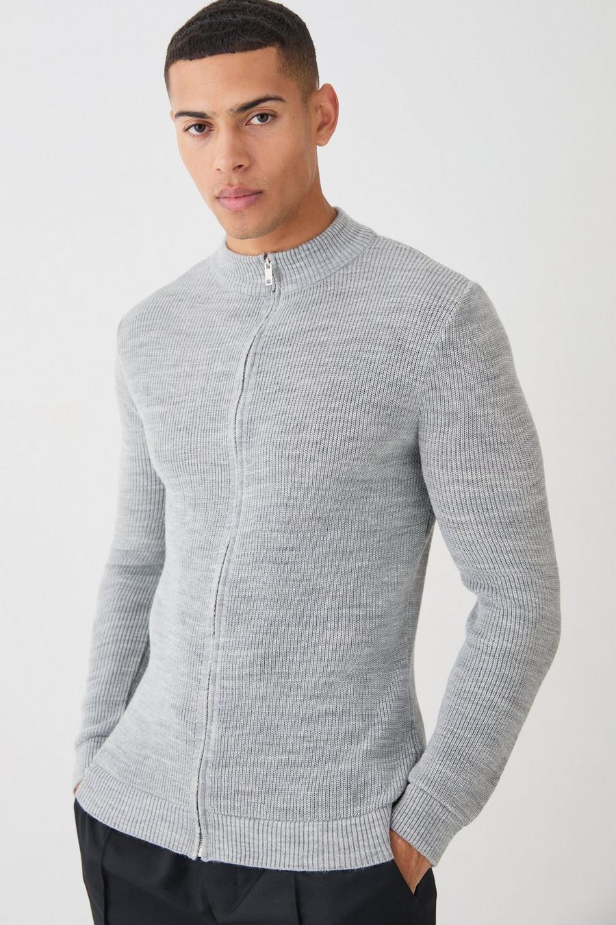 Grey marl Muscle Fit Zip Through Rib Knit Jacket image number 1