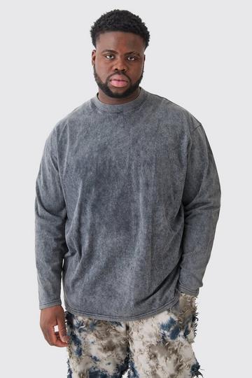 Plus Oversized Extended Neck Laundered Wash Long Sleeve T-shirt charcoal