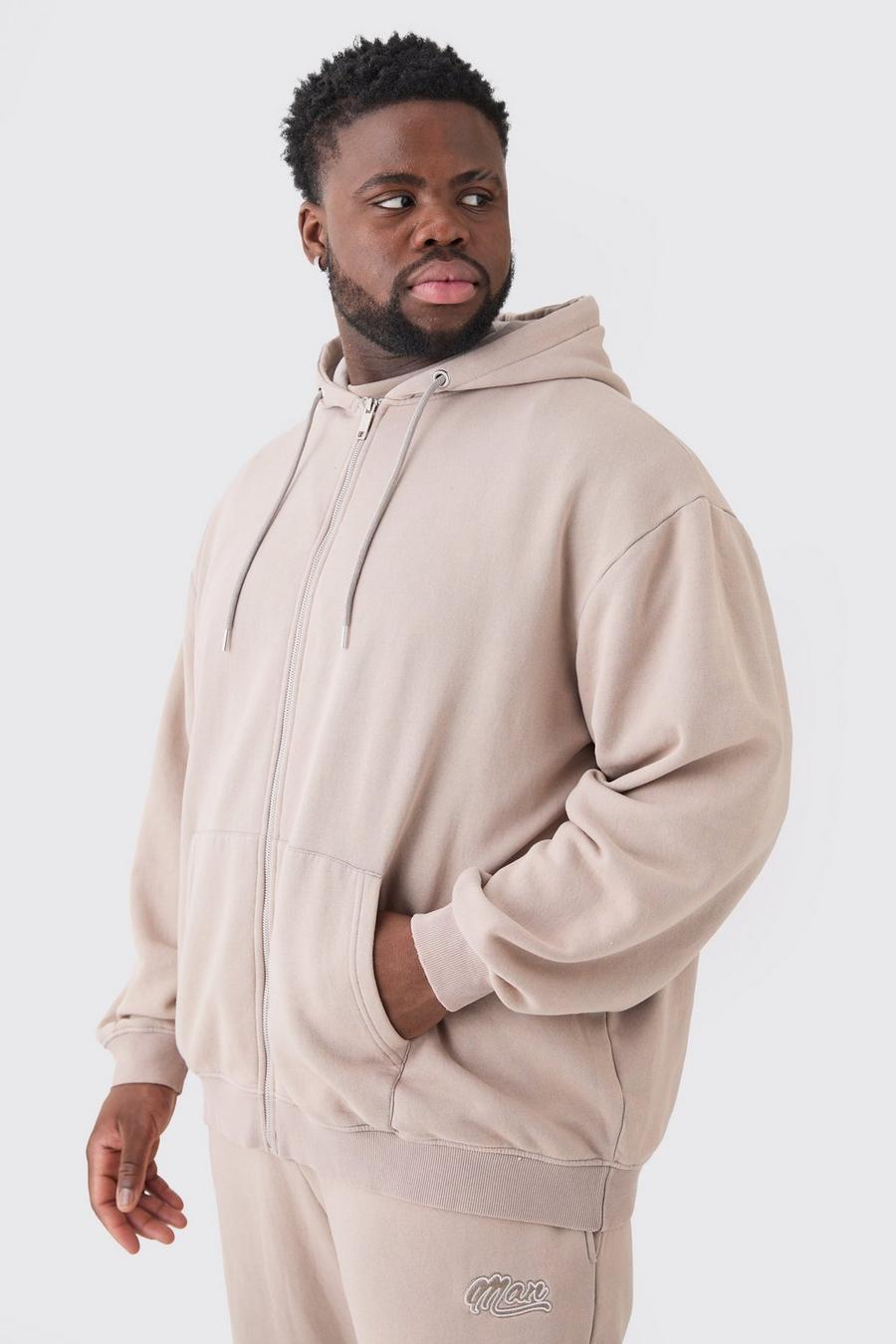 Taupe Plus Oversize hoodie med dragkedja och tvättad effekt image number 1