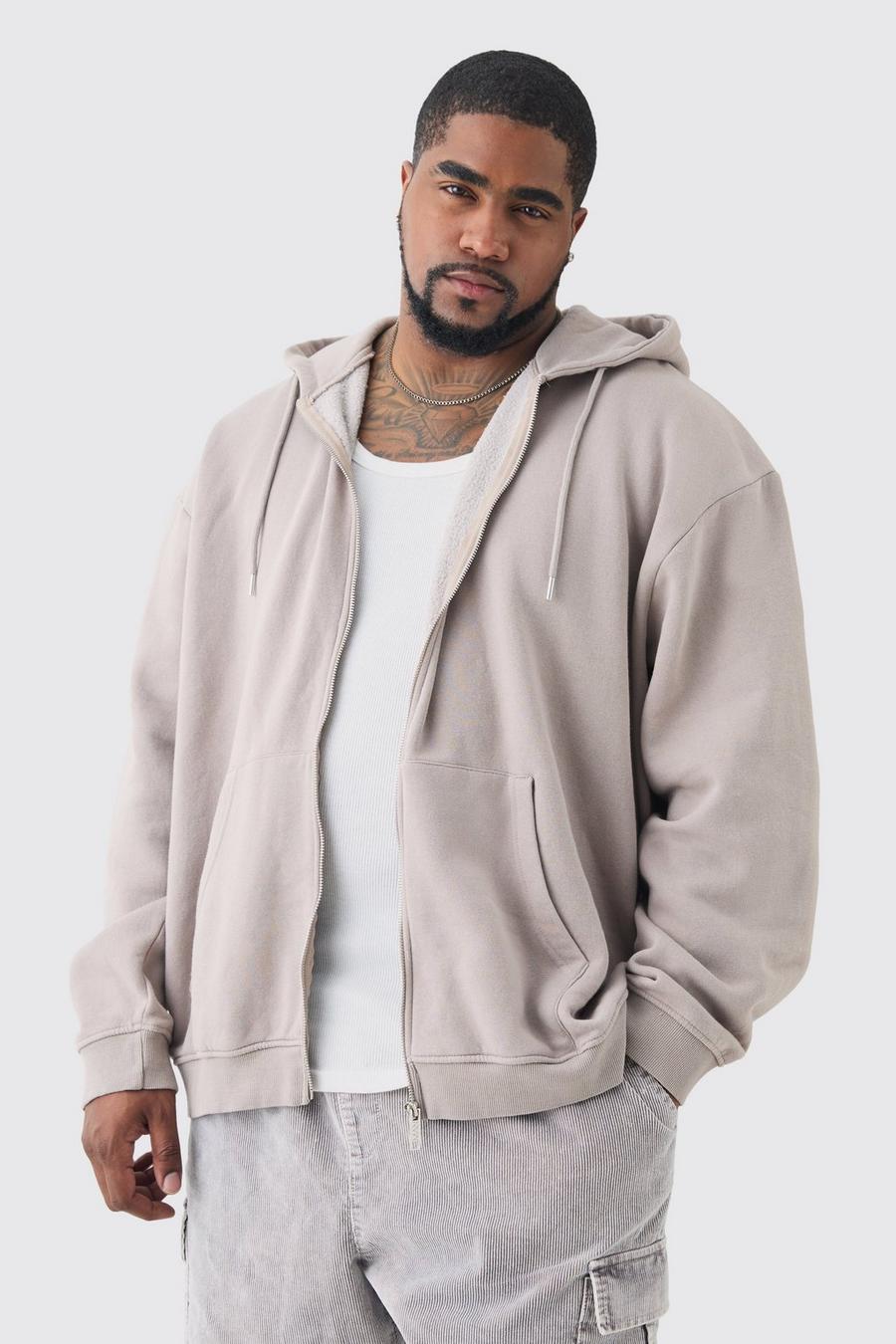 Taupe Plus Oversized  Zip Through Laundered Wash Hoodie