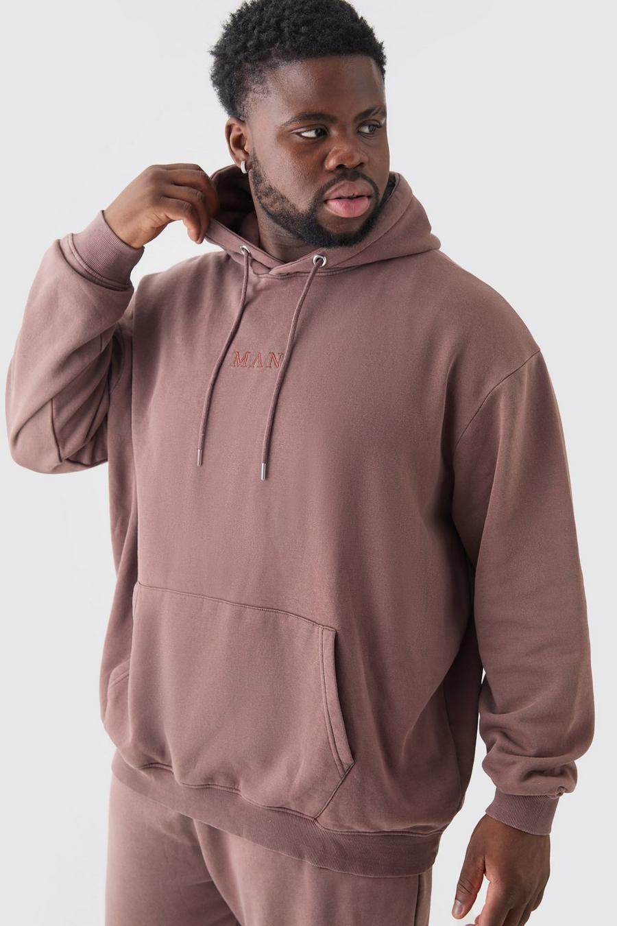 Plus Man Roman Oversized Laundered Wash Hoodie, Chocolate