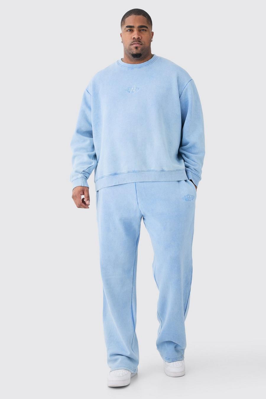 Cornflower blue Plus Man Oversized Boxy Laundered Wash Sweatshirt Tracksuit