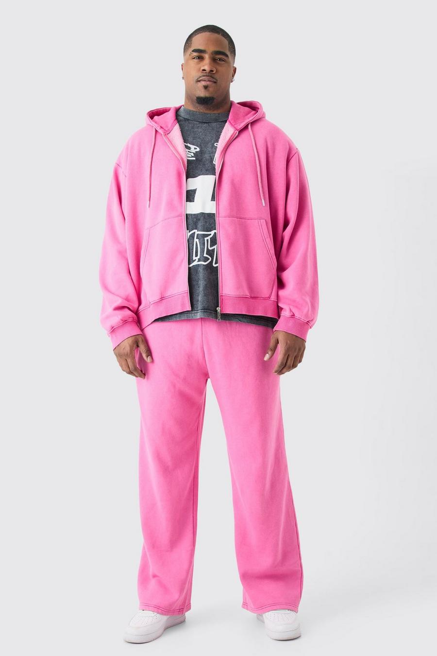 Plus Oversized Man Boxy Zip Hooded Laundered Wash Tracksuit, Pink