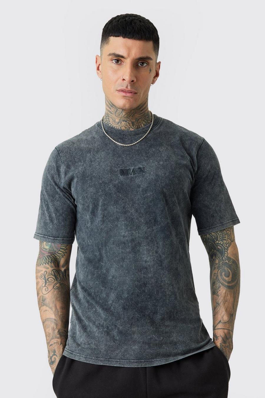 Charcoal Tall MAN Roman T-shirt med rund hals och tvättad effekt image number 1