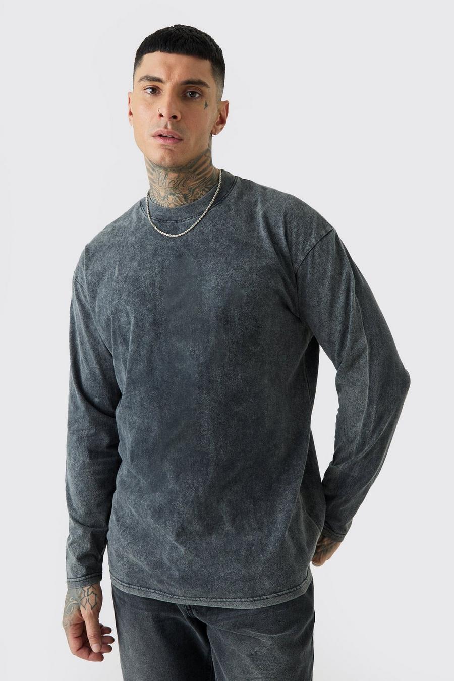 Charcoal Tall Oversized Extended Neck Laundered Wash Long Sleeve T-shirt image number 1