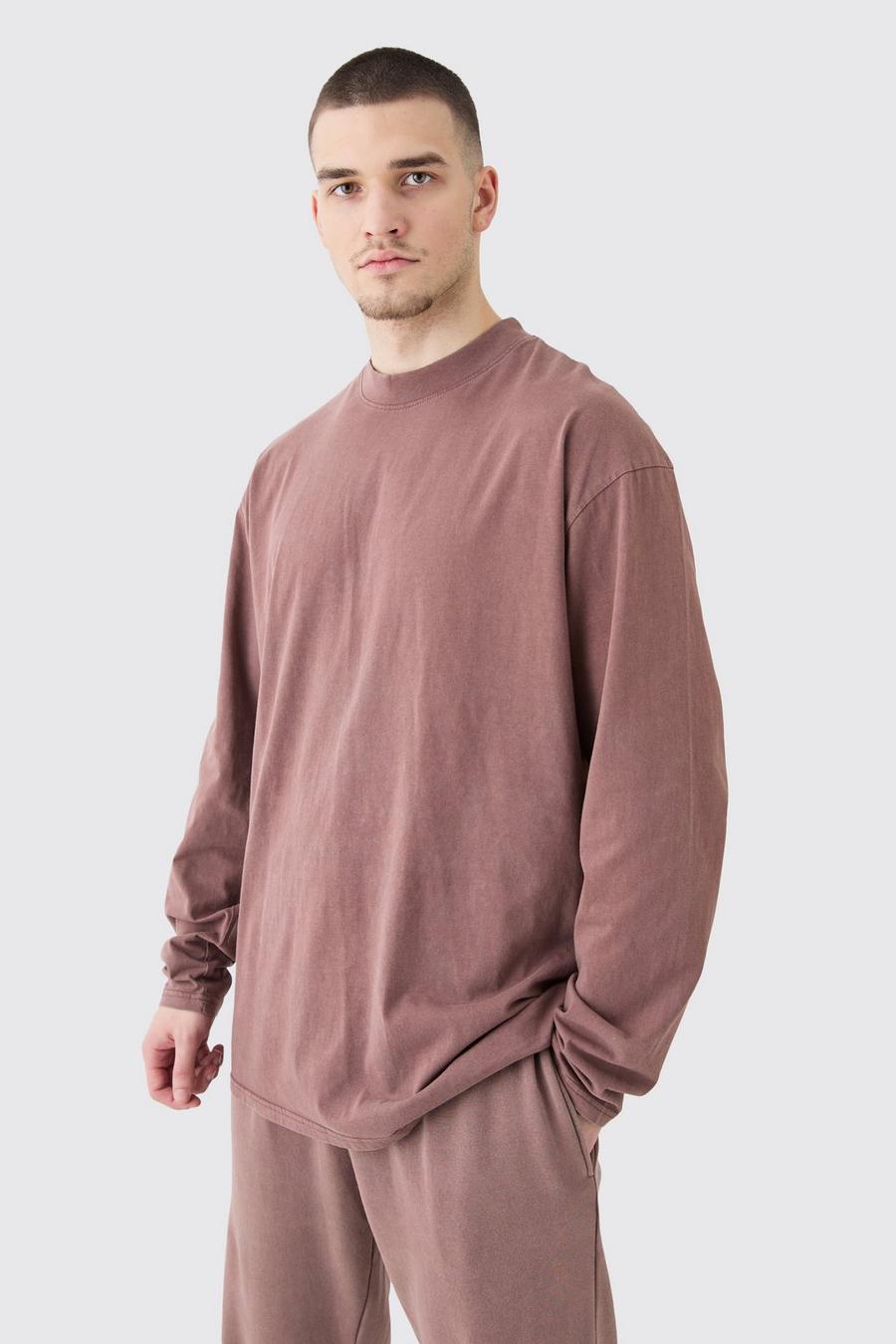 Chocolate Tall Oversized Extended Neck Laundered Wash Long Sleeve T-shirt image number 1