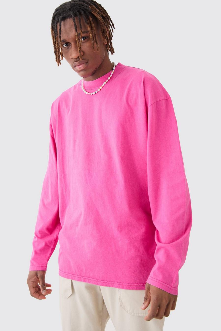 Pink Tall Oversized Extended Neck Laundered Wash Long Sleeve T-shirt image number 1