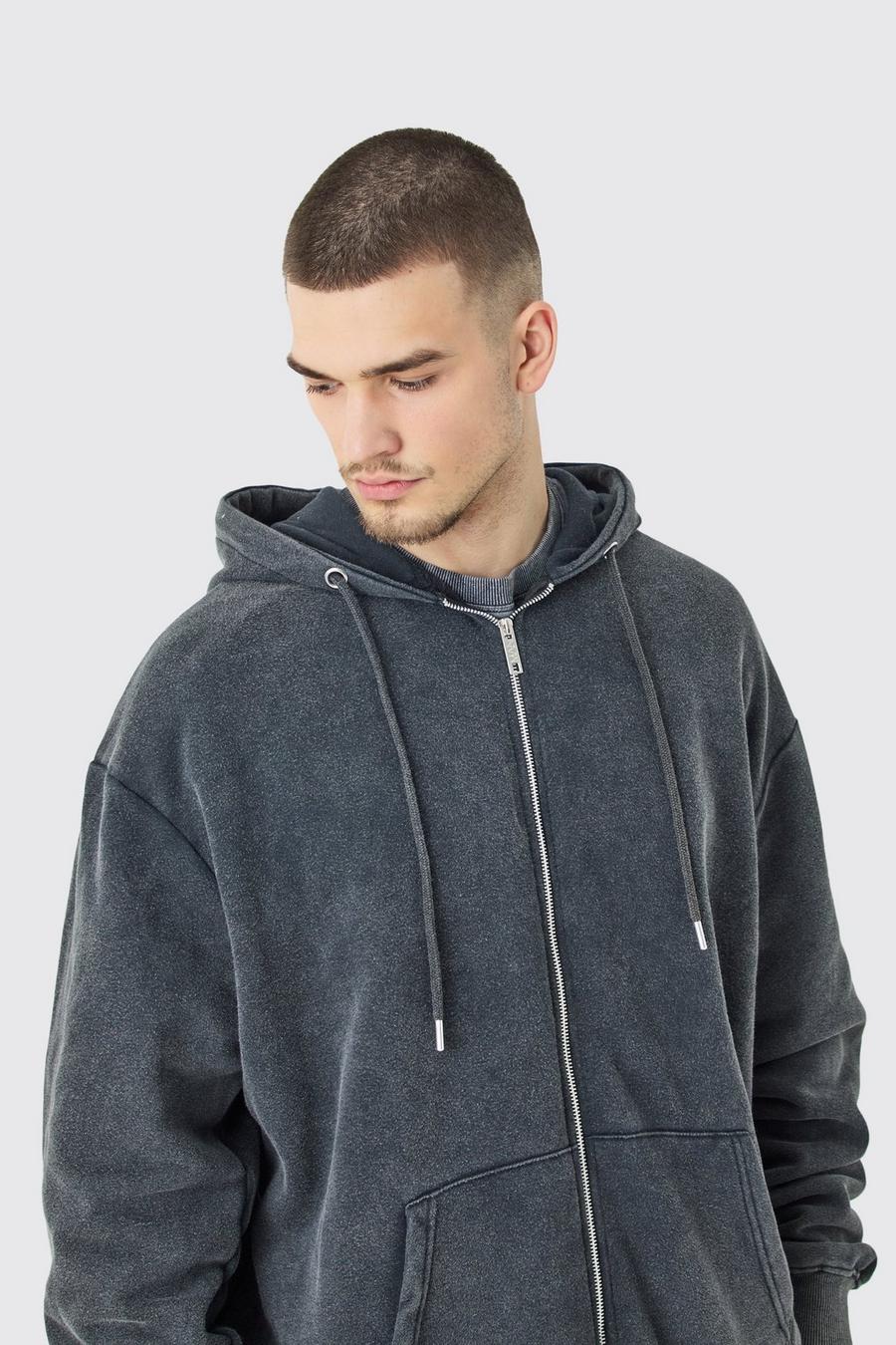 Charcoal Tall Oversized  Zip Through Laundered Wash Hoodie image number 1