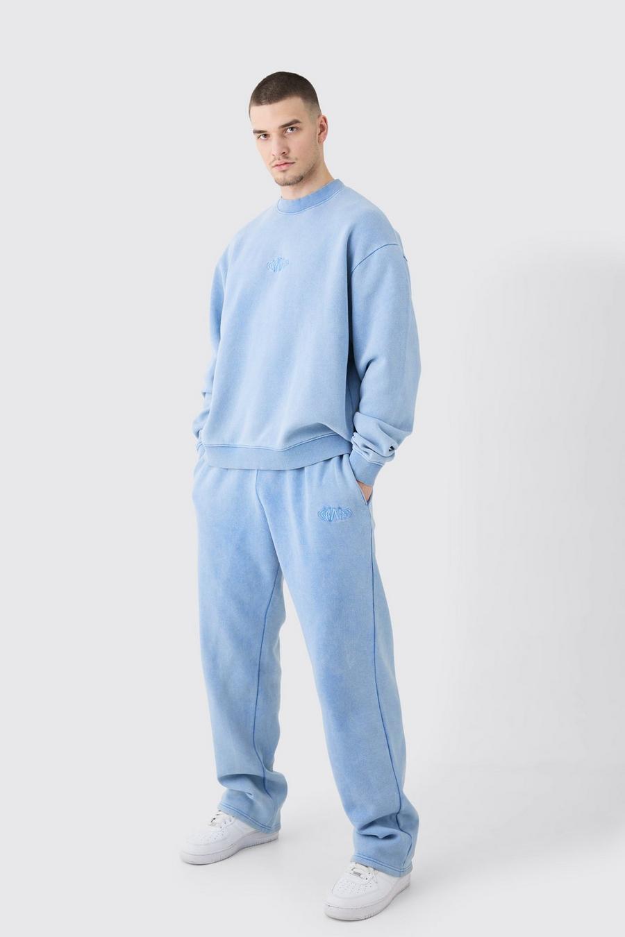 Cornflower blue Tall Man Oversized Boxy Laundered Wash Sweatshirt Tracksuit image number 1