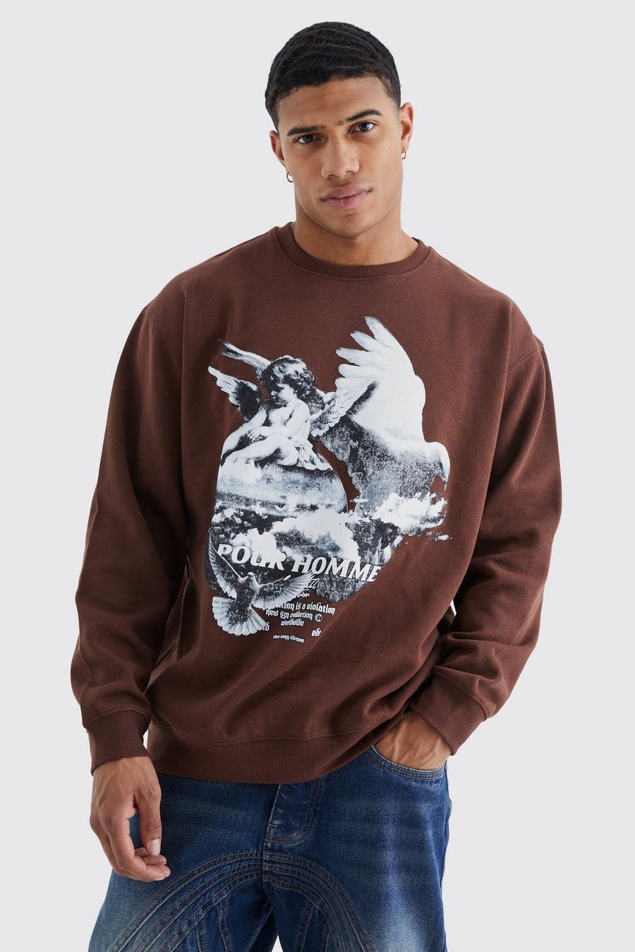 Chocolate brown Oversized Homme Dove Graphic Sweatshirt