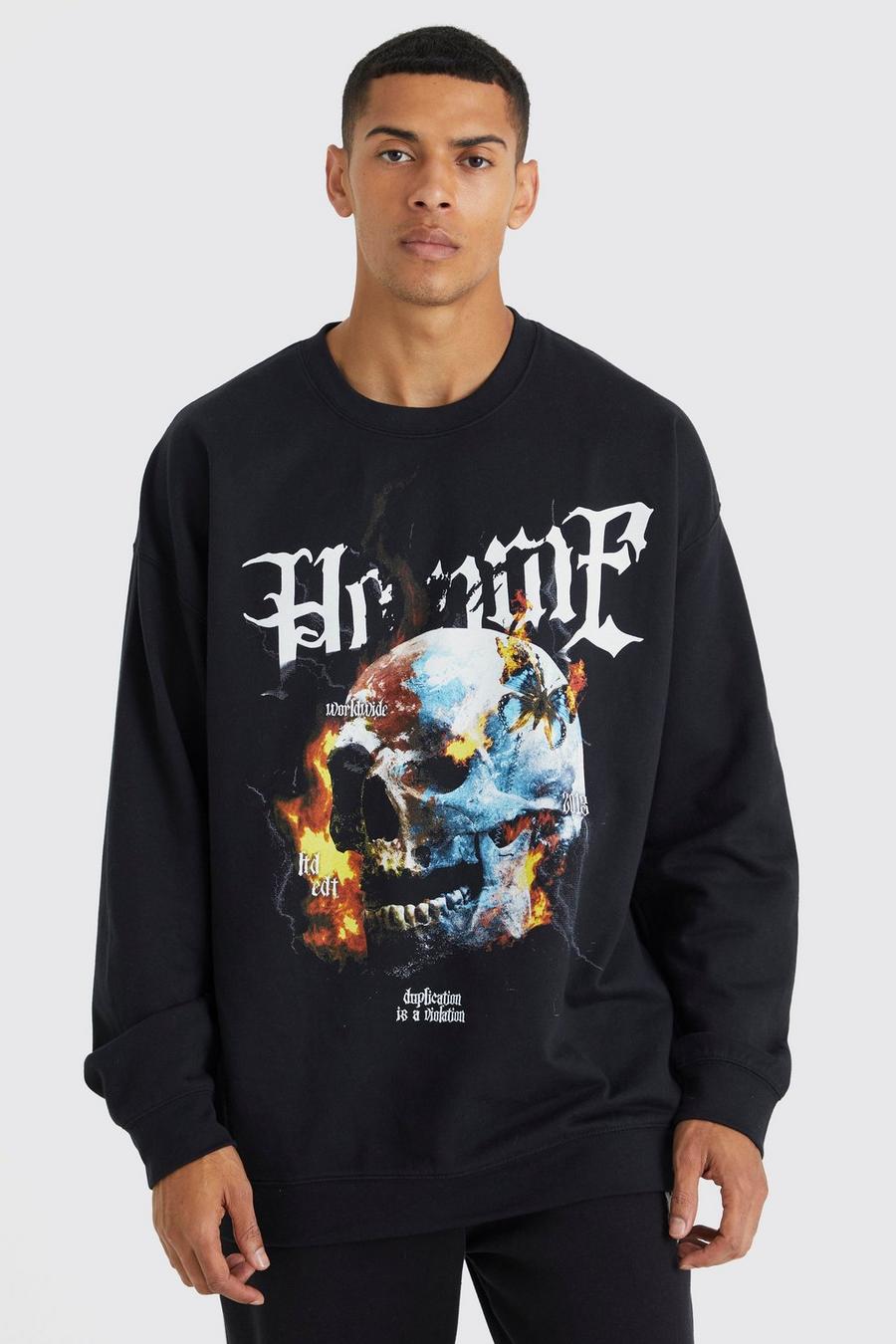 Black Oversized Skull Graphic Sweatshirt image number 1