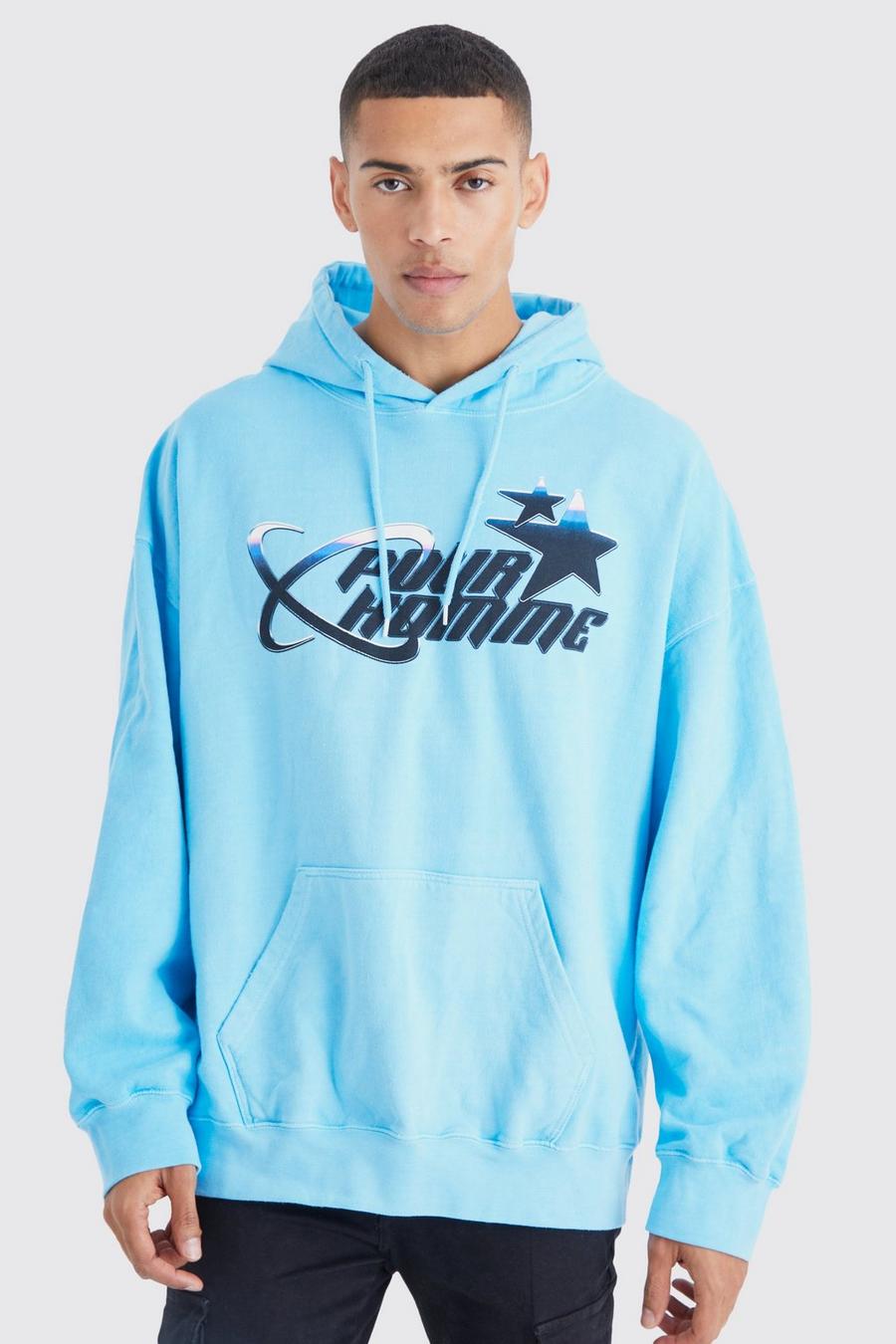Blue Oversized Overdye Graphic cuts Hoodie  image number 1