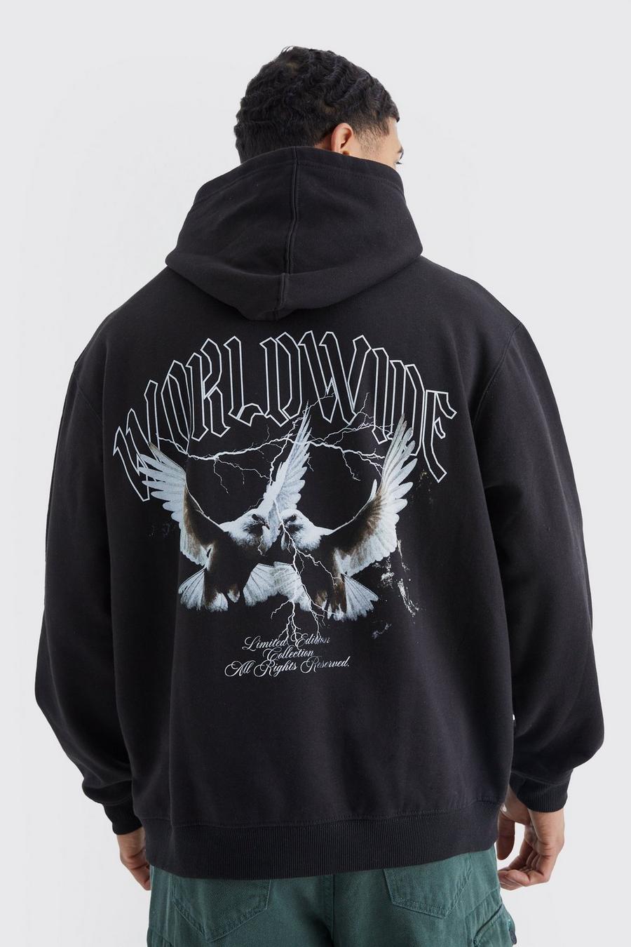 Black Oversized World Wide Dove Graphic Hoodie  image number 1