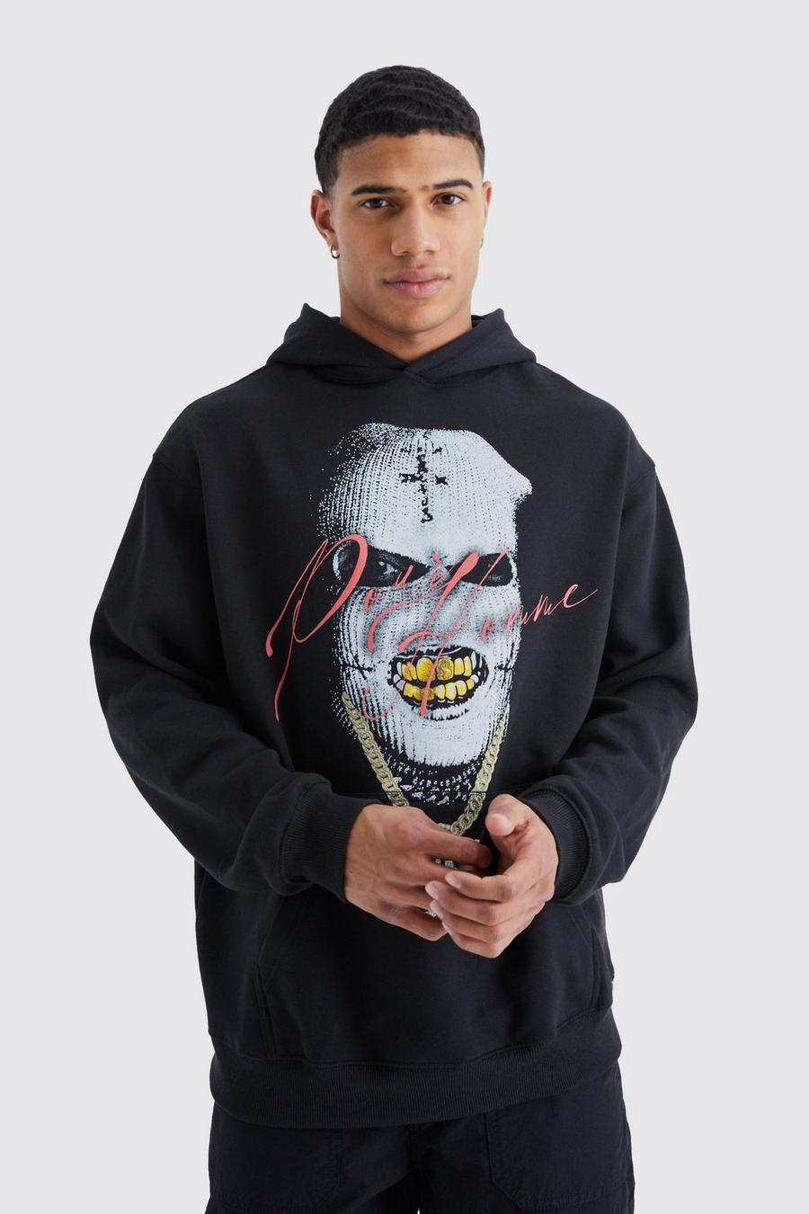 Black Oversized Mask Graphic Hoodie image number 1