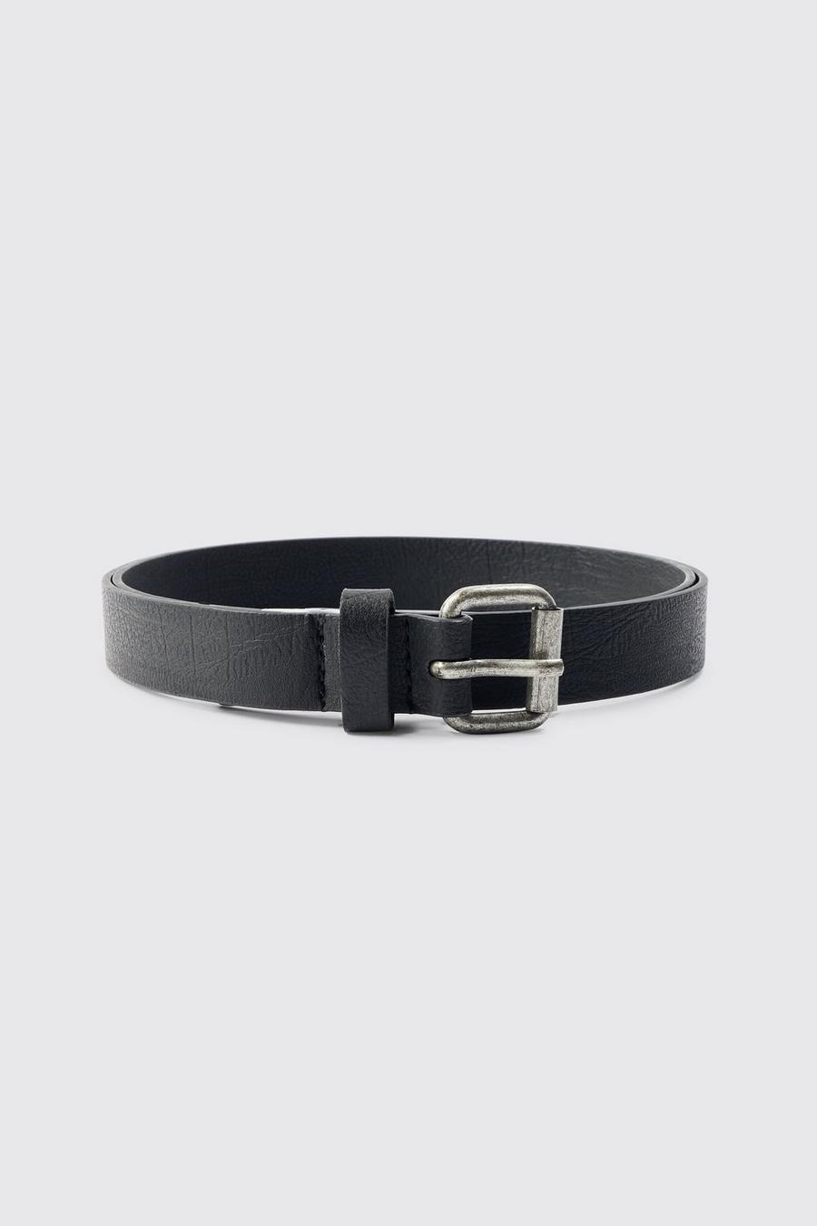 Cinturón de cuero sintético con hebilla plateada, Black image number 1