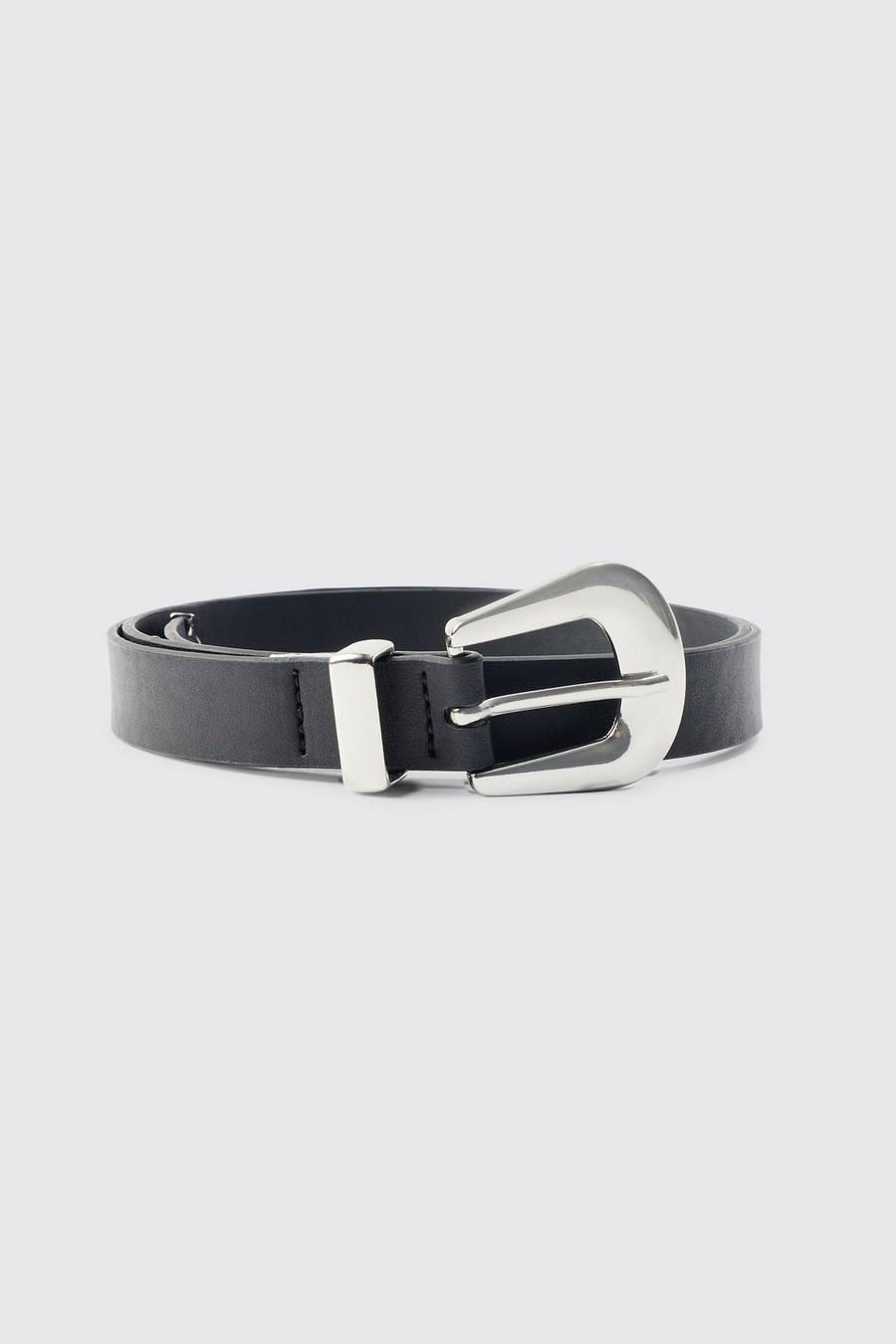 Cinturón de cuero sintético con hebilla plateada, Black image number 1