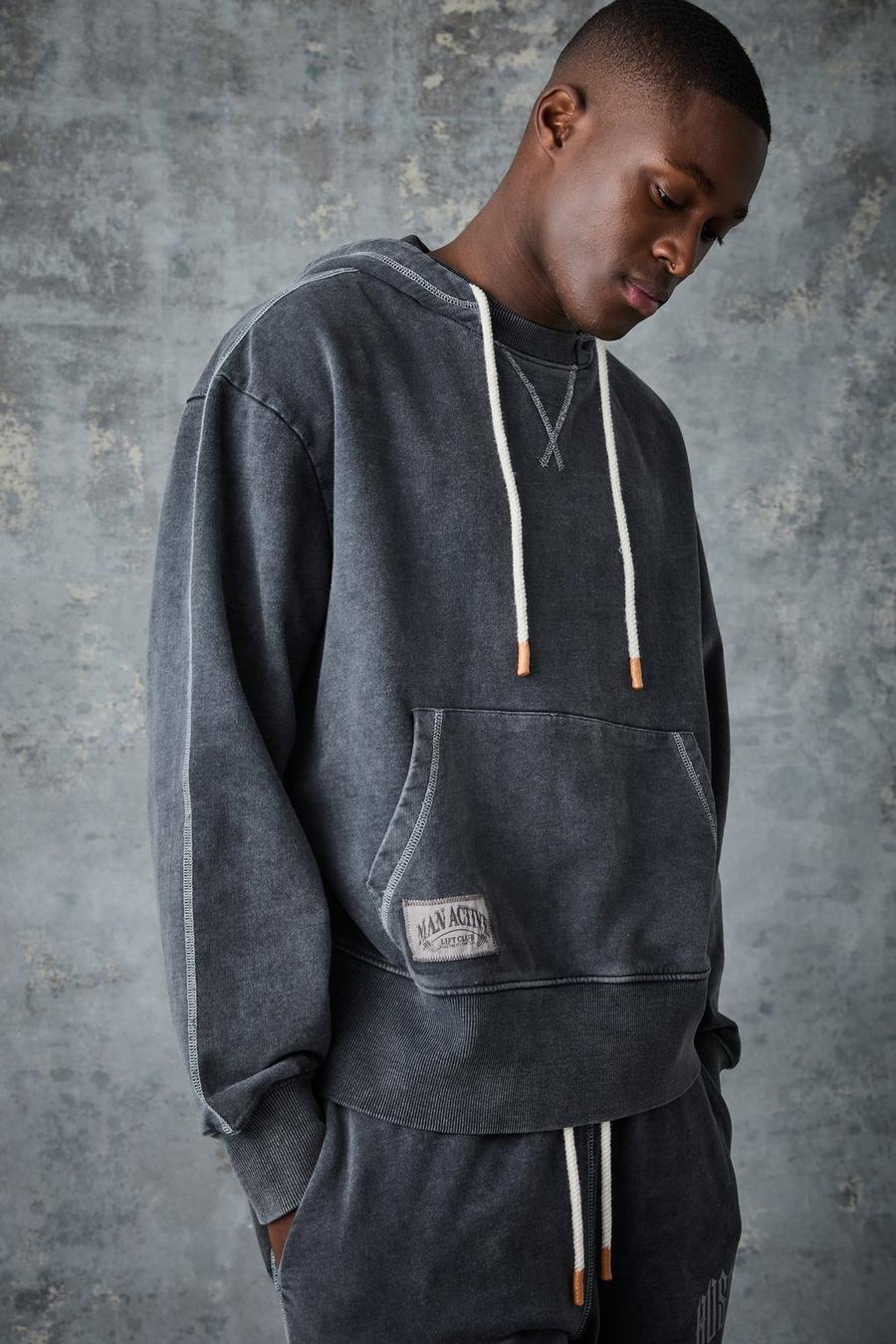 Black MAN Active Oversize hoodie med tvättad effekt image number 1