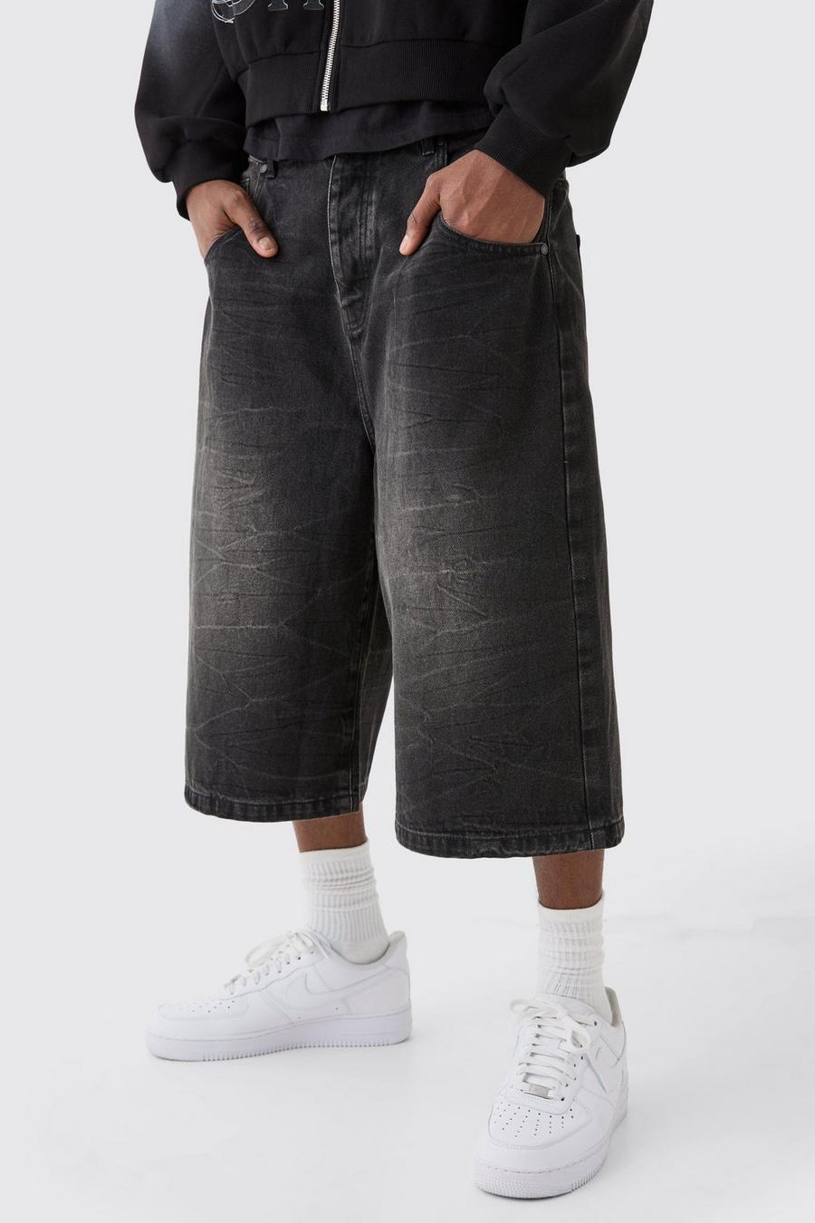 Long Line Camo Jorts In Washed Black