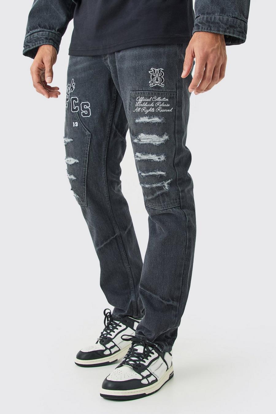 Jeans Slim Fit in denim rigido effetto smagliato con applique, Washed black