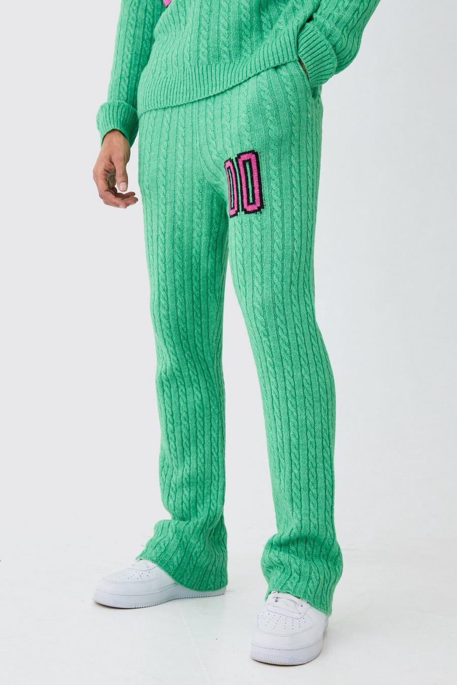 Pantaloni tuta a zampa Slim Fit in maglia intrecciata spazzolata, Green image number 1