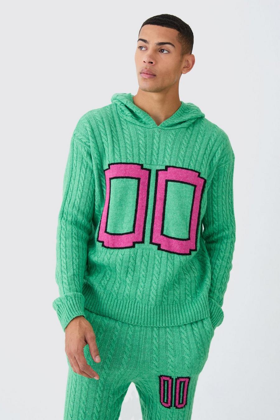 Green Boxy 00 Brushed Cable Knitted Hoodie