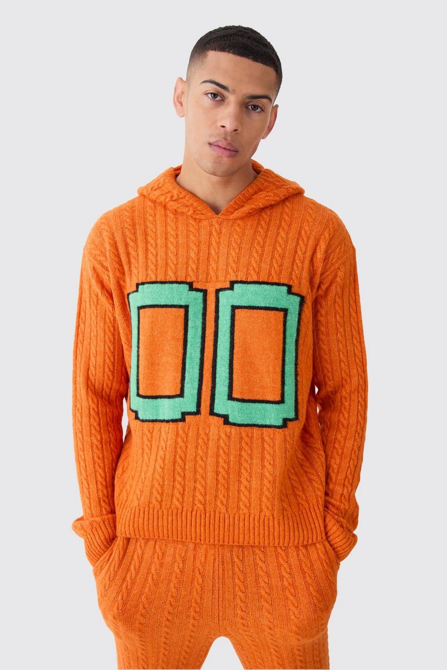 Orange 00 Kabelstickad hoodie med borstad yta image number 1