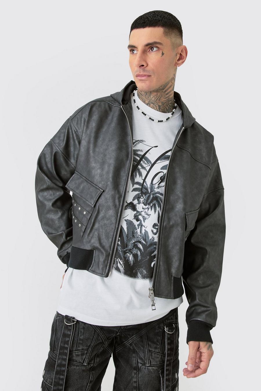 Black Tall Washed Pu Hooded Bomber image number 1