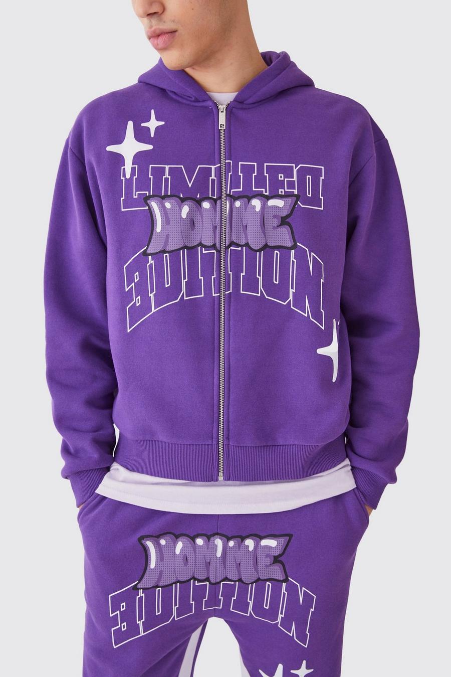 Purple Oversized Boxy Zip Through Puff Print Hoodie image number 1