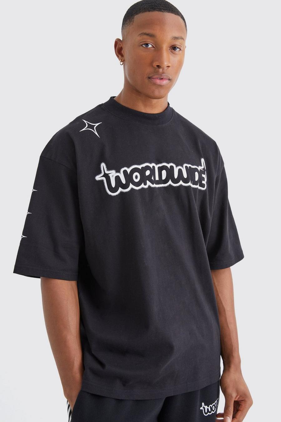 Kastiges Oversize T-Shirt mit Worldwide-Print, Black