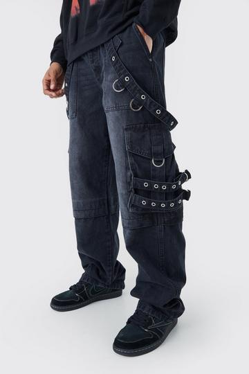 Black Baggy Rigid Cargo Strap Jeans In Washed Black