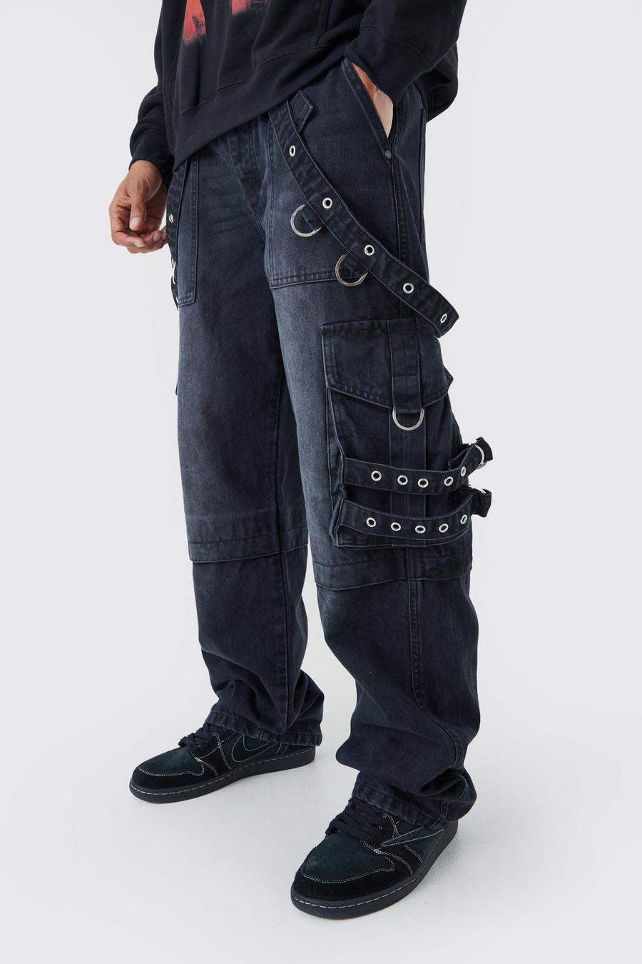 Jeans extra comodi in denim slavato in denim rigido con fascette stile Cargo, Washed black