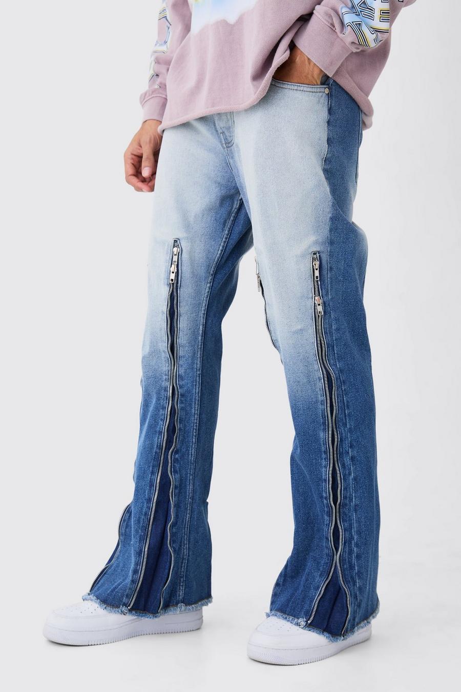 Jeans a zampa in denim rigido rilassati con zip e inserti azzurri, Light blue image number 1