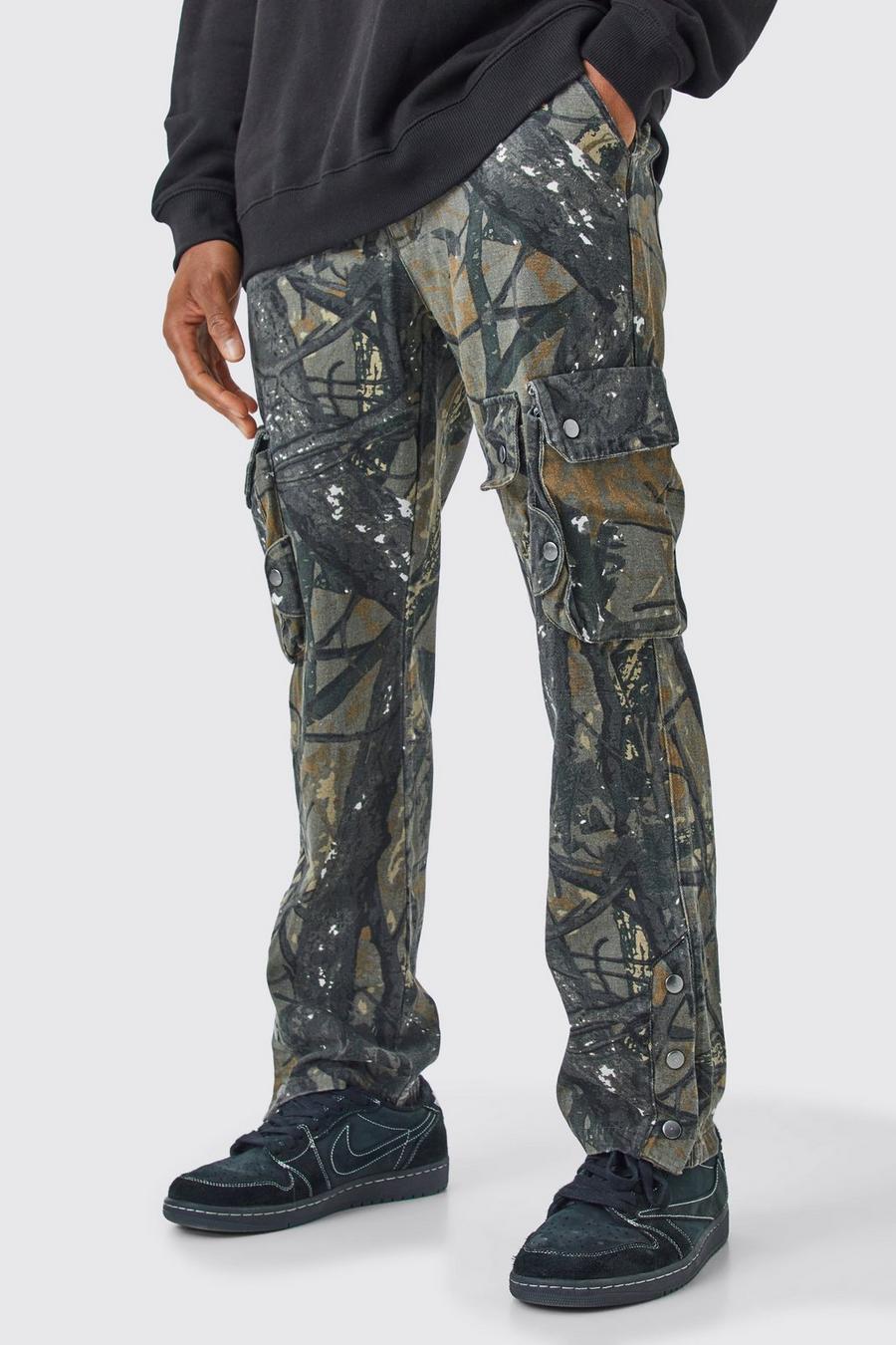 Pantalon cargo droit à imprimé camouflage, Stone