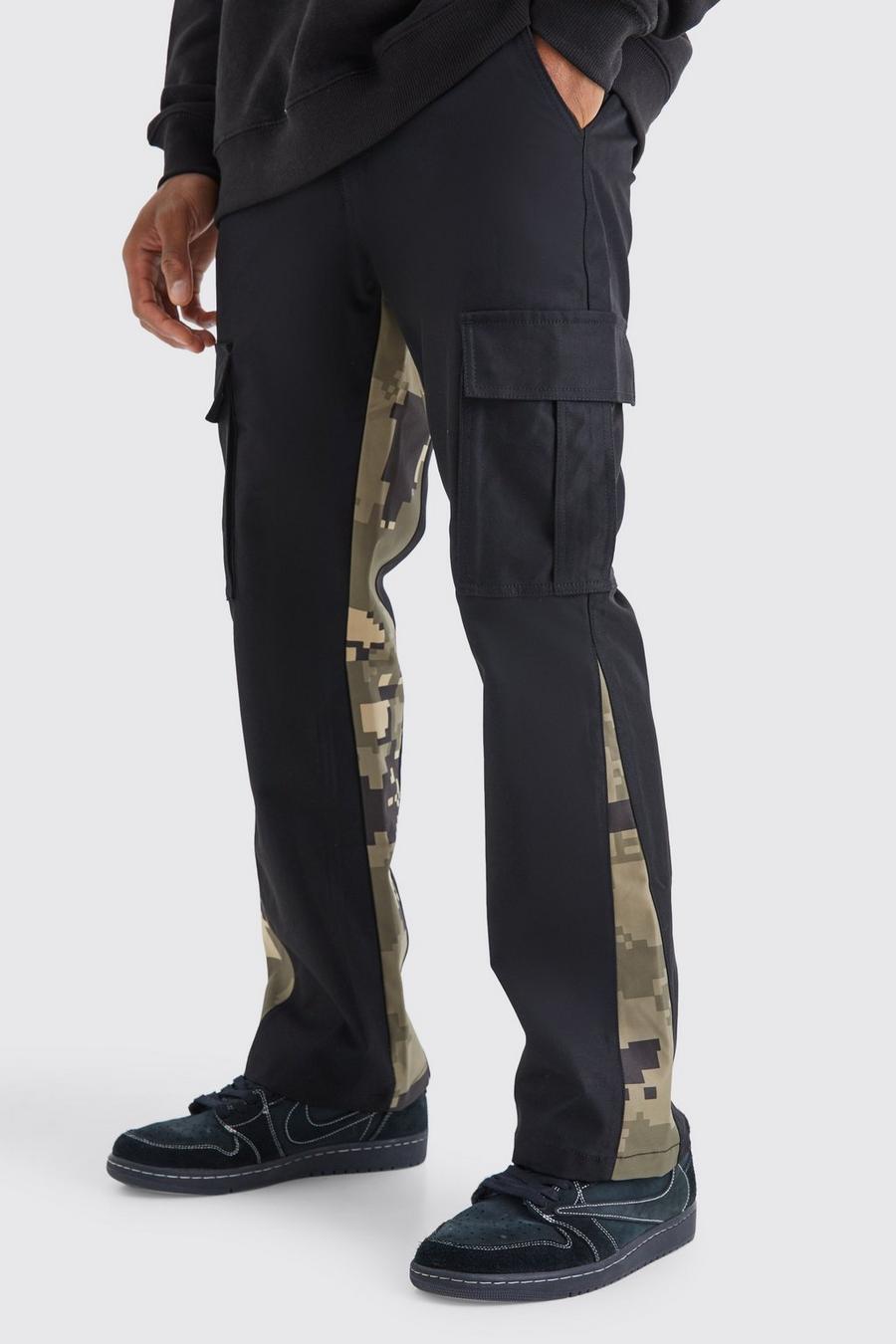 Black Slim Flare Pixel Camo Gusset Cargo Pants image number 1