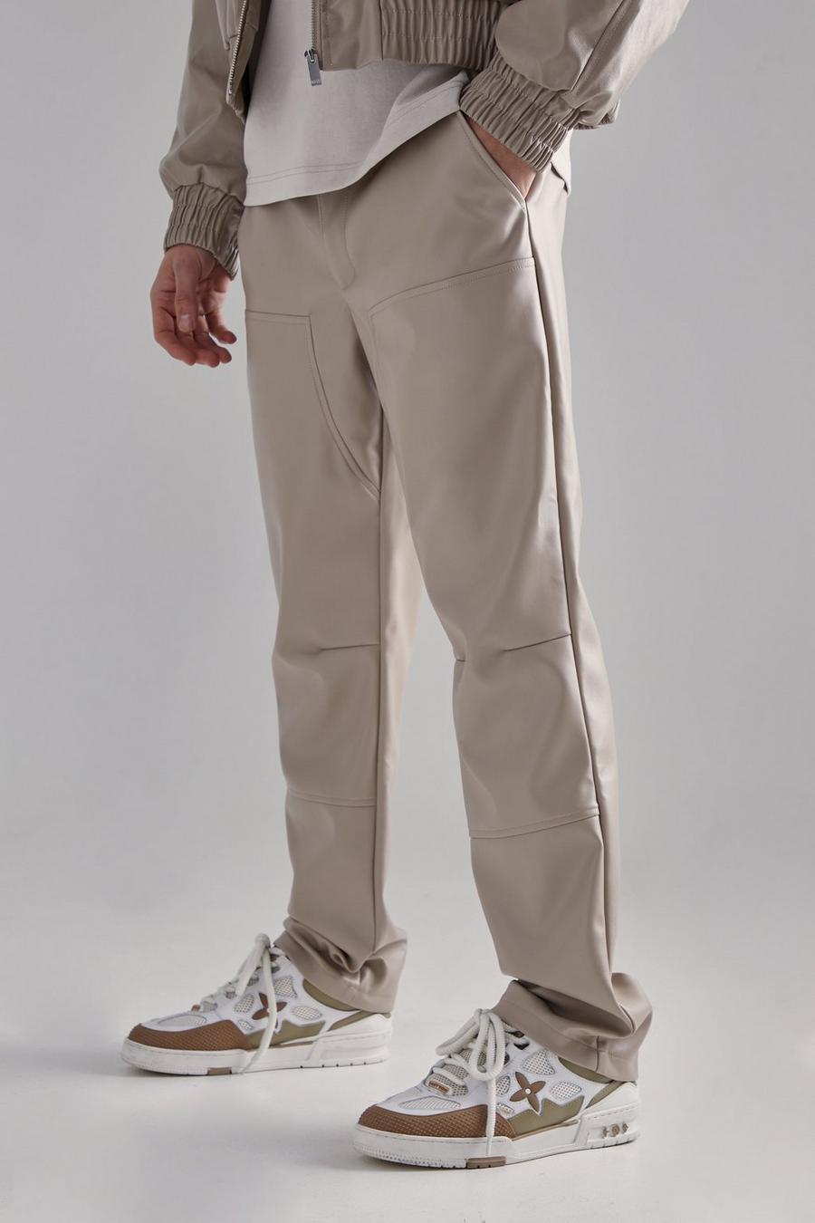 Pantalón de traje recto de cuero sintético, Stone image number 1